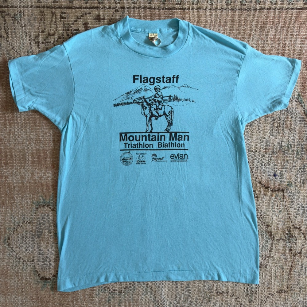Vintage 80s Screen Stars Flagstaff Mountain Man Triathlon T-Shirt Blue XL
